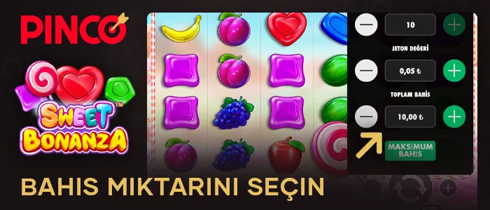 Pinco'da gerçek parayla oynarken Sweet Bonanza'da bahis tutarını seçin