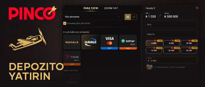 Pinco Casino hesabınıza para yatırın ve Aviator'da gerçek parayla bahis yapın