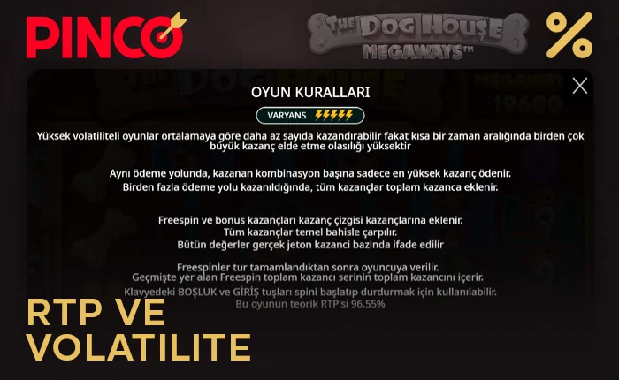 Pinco sitesindeki The Dog House Megaways slotunda geri ödeme yüzdesi ve oynaklık