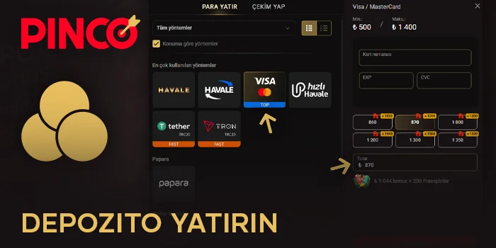 Pinco'da ödeme yöntemini seçin ve para yatırın